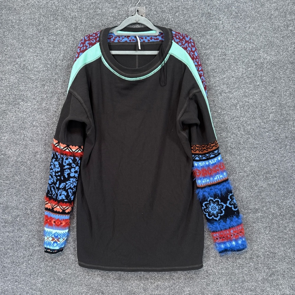 Free People Shirt Women Large Black Mixed Knit Boho Waffle Thermal Oversized